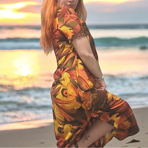 VTG Jams World African / Tropical Floral Dress M With Buttons, Pockets, and Slit - Picture 3 of 15